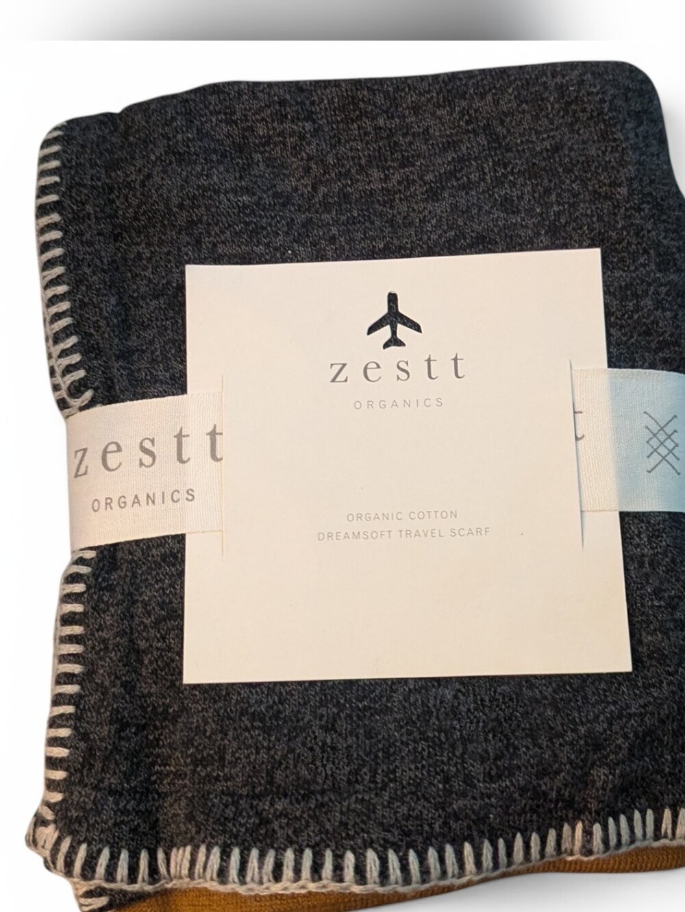 zestt Charcoal Knit Organic Cotton Dreamsoft Travel Scarf w/Cream Trim 28" x 78"